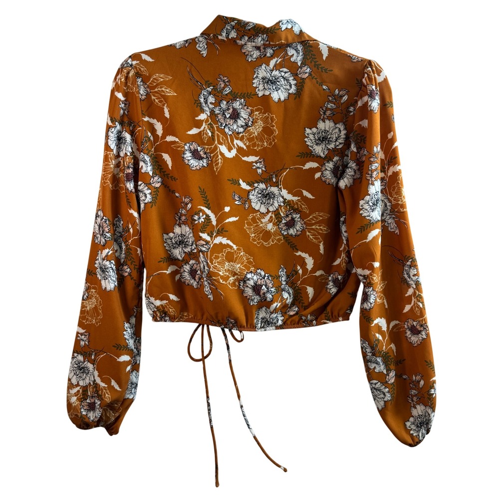 Sadie & Love Floral Wrap Top Small Mustard Orange Long Sleeve Boho Crop Blouse S - Picture 2 of 6